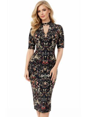 Maggy London Floral Midi Sheath Dress Stretch Black Multi 8